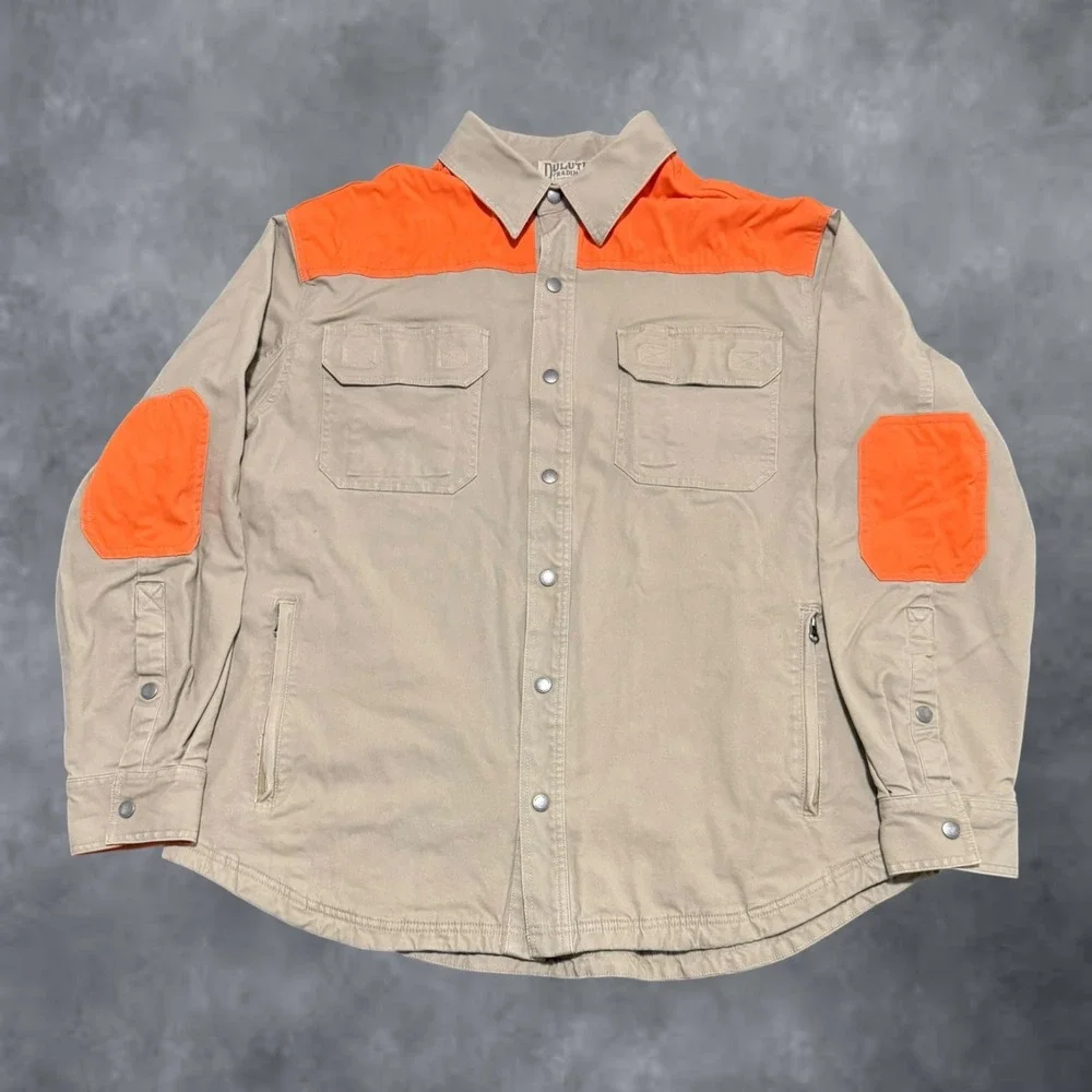 Duluth Trading Co Mens XL Tan Blaze Orange Fleece Lined Snap Shirt Jacket Canvas